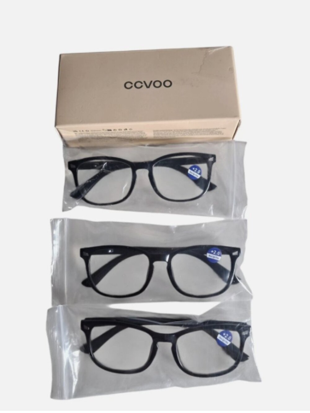 CCVOO +2.0 Reading Glasses with Blue Light Filter Clear Lenses Black Plastic 3pk